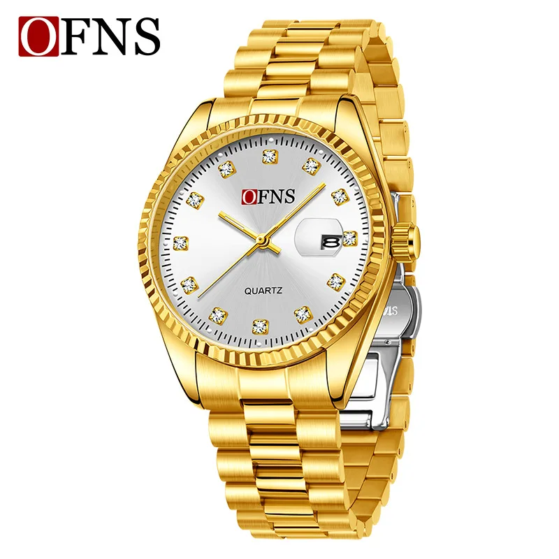 Ofns 1592 Classic Business And Leisure Couple Quartz Watch Night Light Calendar 3atm Waterproof Diamond Set Simple Steel Belt