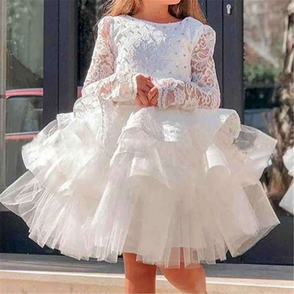 

Lovely Long-sleeved Tulle Lace Printing Flower Girl Dress Princess Ball First Communion Dresses Kids Surprise Birthday Present