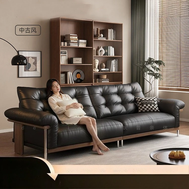 Dipu leather sofa medieval Bauhaus living room straight row first layer cowhide modern simple retro small apartment sofa