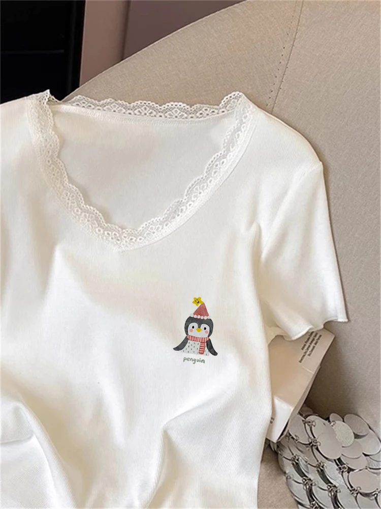 

Белая кружевная футболка с V-ne ort Sve, женская летняя тонкая повседневная футболка, уникальный красивый топ, модный модный модный модный