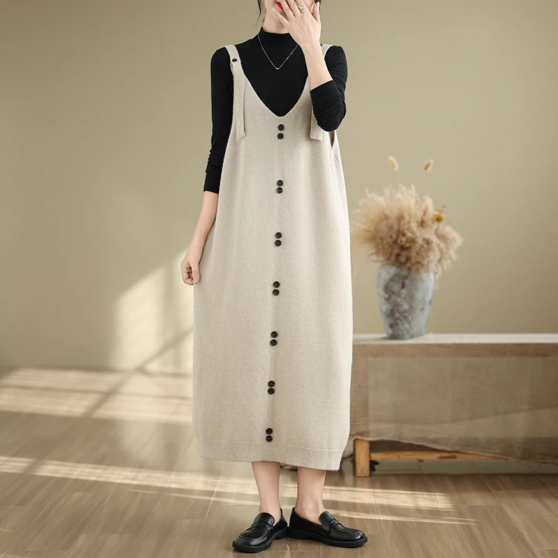 Large Size Women's Autumn Winter Knitted Dr Long Over-Knee Strap Sweater Dr Mid-Length Commute Sle Thi Cotton Polye...