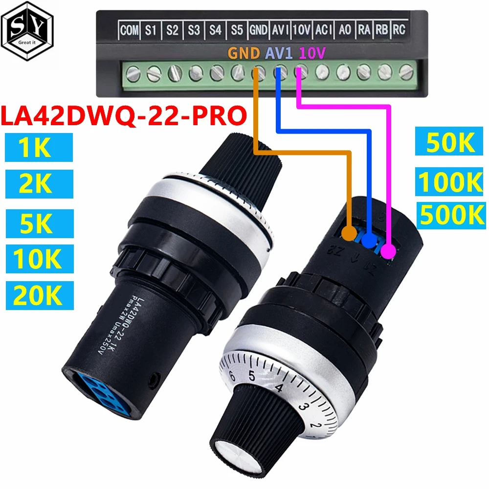 LA42DWQ-22-Pro 1K 2K 5K 10K 20K 50K 100k 200k 500K 22mm Durchmesser Töpfe Drehpotentiometer Widerstandsschalter für Arduino