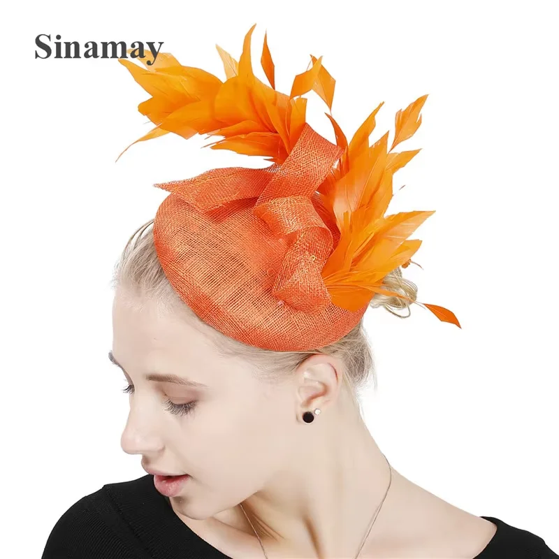 High Quality Sinamay Women Elegant Fascinator Hat For Formal Dress Chuch Headpiece With Fancy Feather Hair Accessories