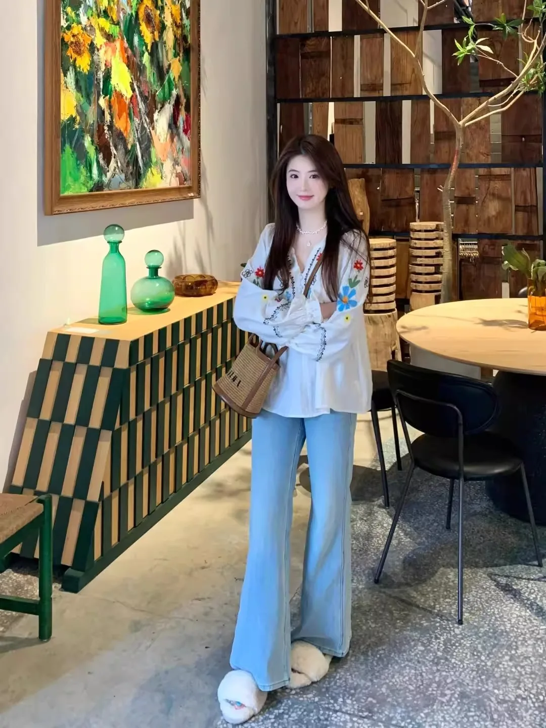 n ريترو العرقية المطرزة طويلة Sve irt المرأة Faionable فضفاض عادية V-Ne الخريف الأعلى الكورية Sle فانوس S... #3