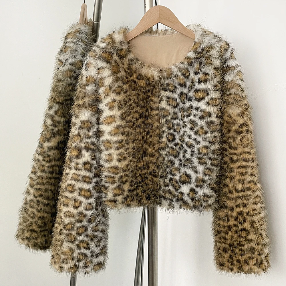 Fur Coat Eco-friendly Leopard O-neck Faux Fur Jacket Autumn Winter Women Short Coat Artificial Thick Warm Fake Fur Coat Female