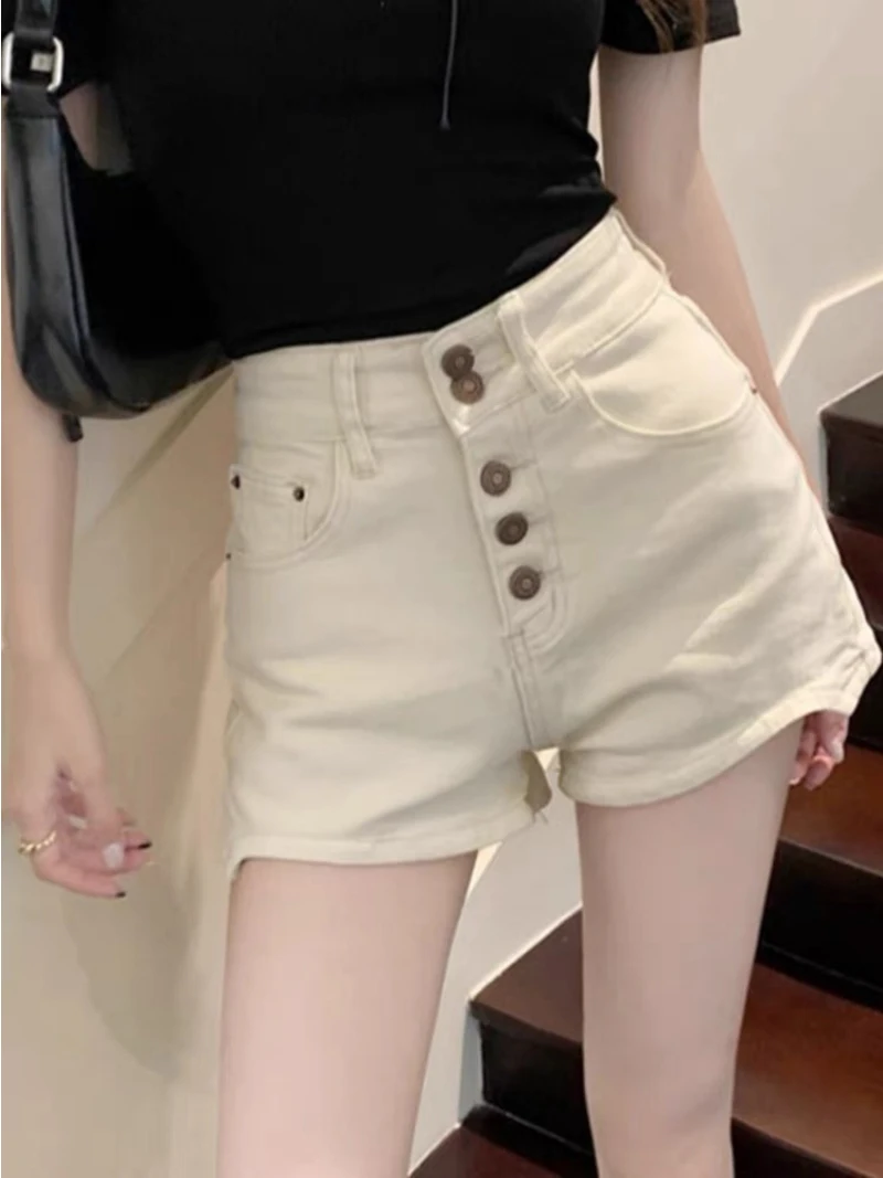 High Waist Denim Shorts Women's Summer New Design Sensual Slimming Wide Leg Hot Pants Elastic Button up Soft Cotton Breathable