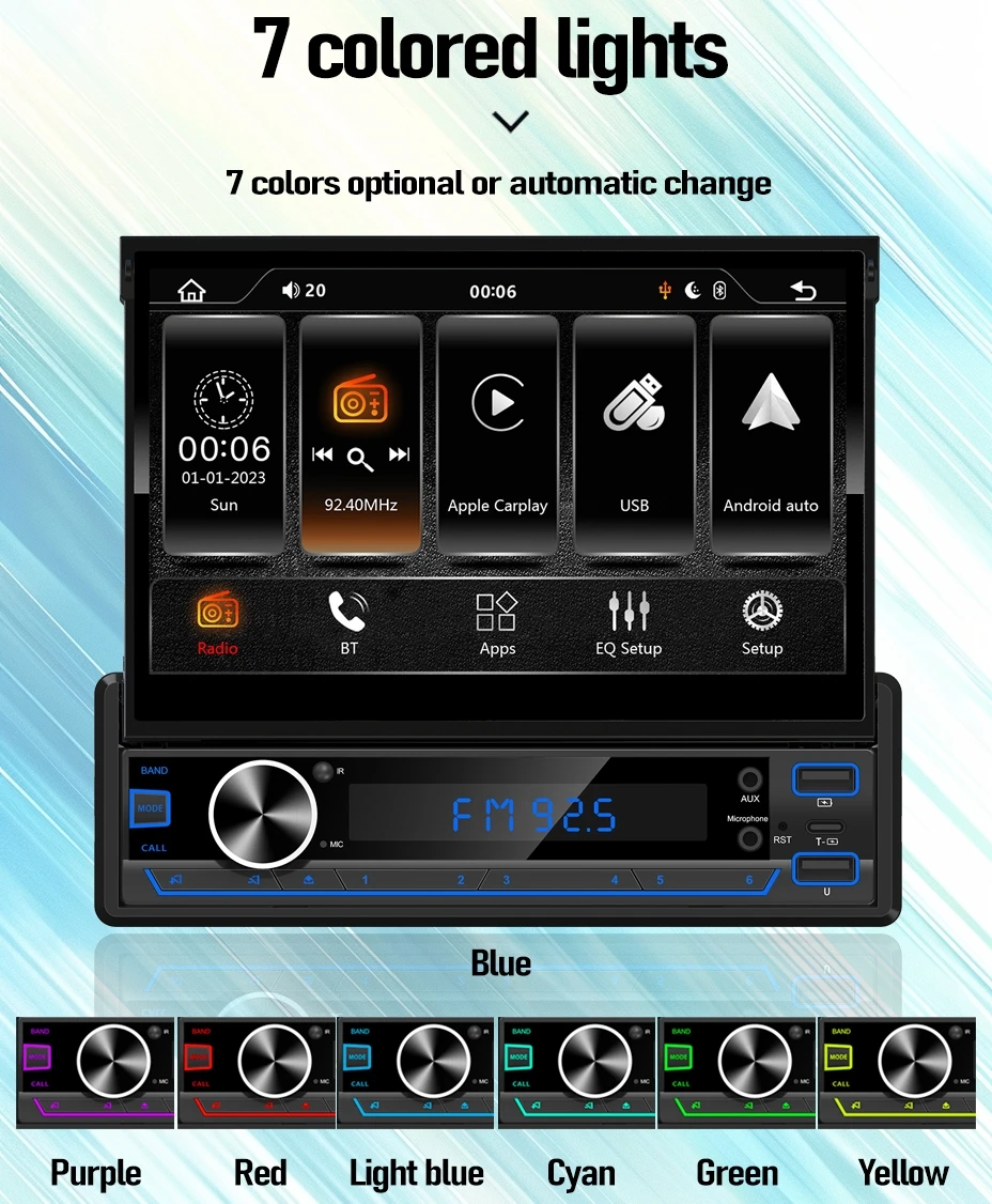 7 \'\'schermo retrattile Autoradio Android 1Din lettore multimediale universale Wireless Carplay Smart Autoradio Wifi navigazione GPS