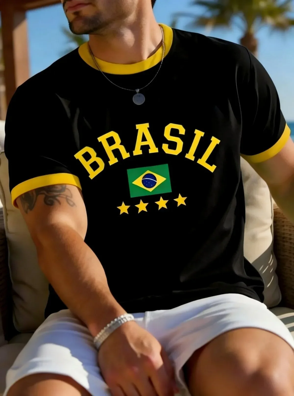 Men Ringer T-shirt Black Yellow Edge BRASIL Brazil Flag 4 Stars Print Football Fan Casual Short Sleeve Crew Neck Streetwear Tee
