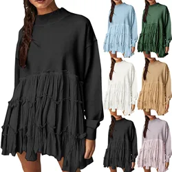 Women Oversized Pullover Sweatshirt Dress Long Sleeve Mock Neck Solid Ruffle Loose Sweatshirts Ladies Autumn Loose Sweatshirts