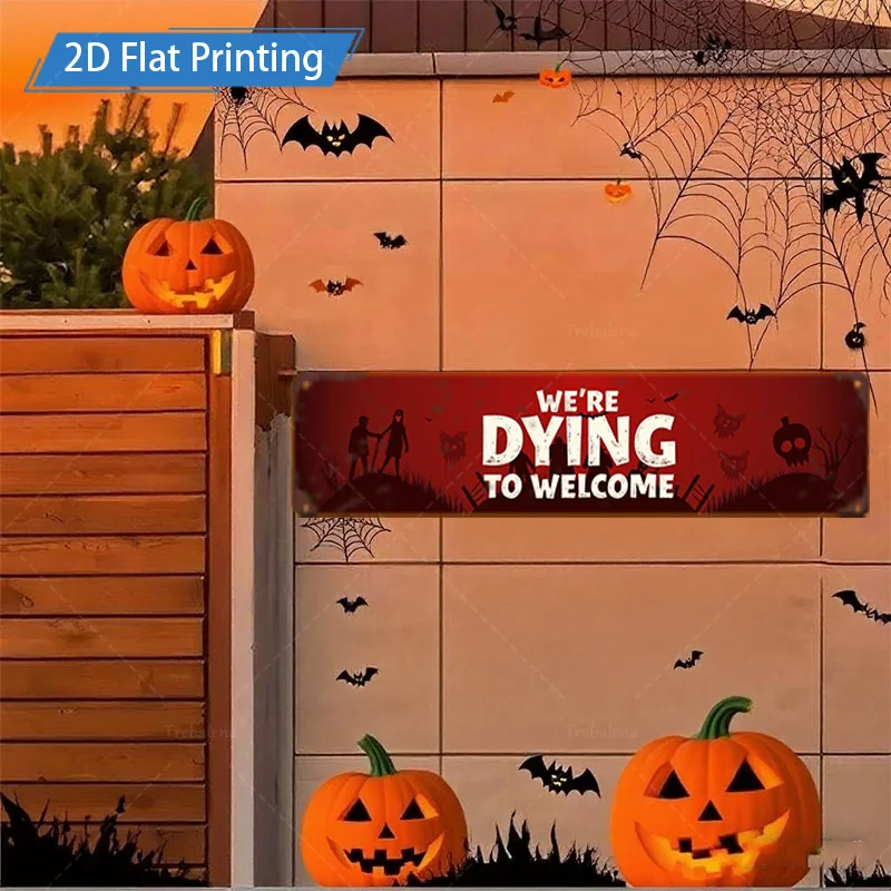 1 قطعة علامة معدنية ، 4x16 بوصة هالوين "نحن مروت لترحيب" علامة ، مخيف اليقطين الخفافيش ديكور للسياج #4