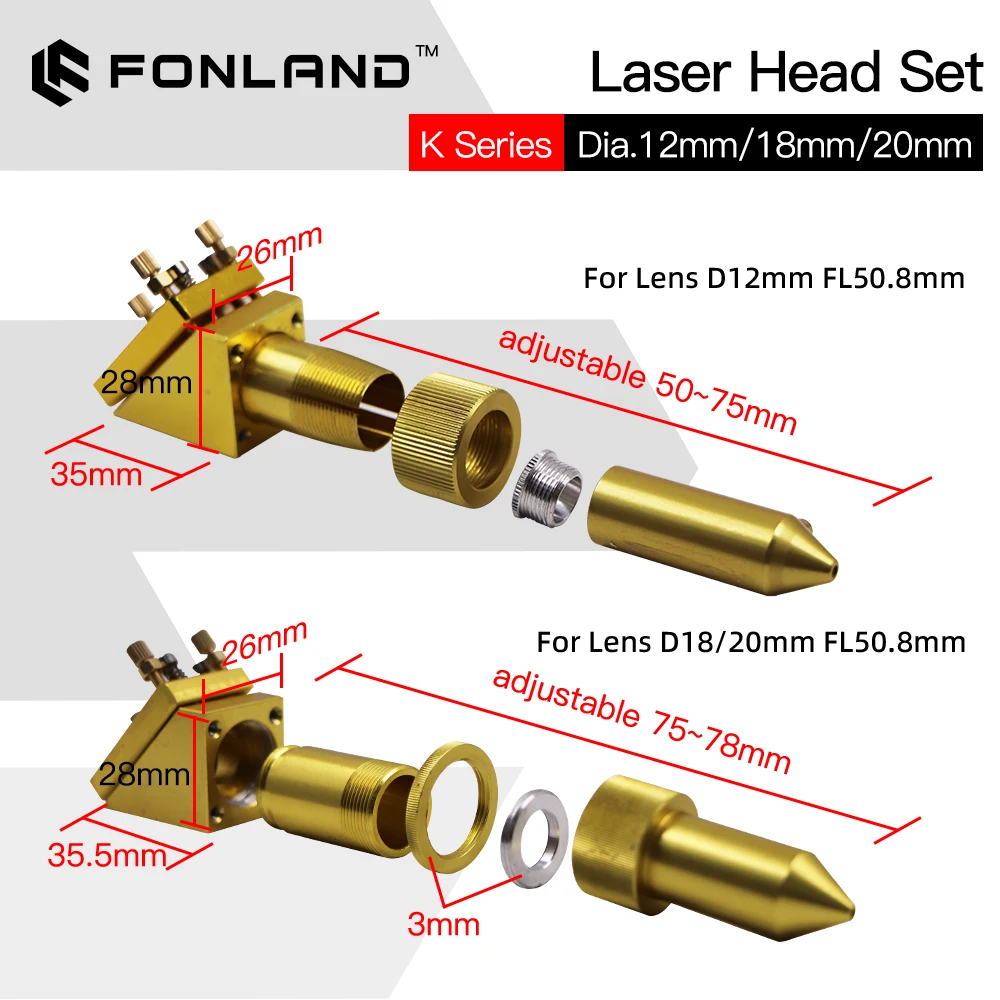 FONLAND K Series CO2 Mini Laser Head Set D12/18/20mm FL50.8mm Lens for 2030 4060 K40 Laser Engraving Cutting Machine