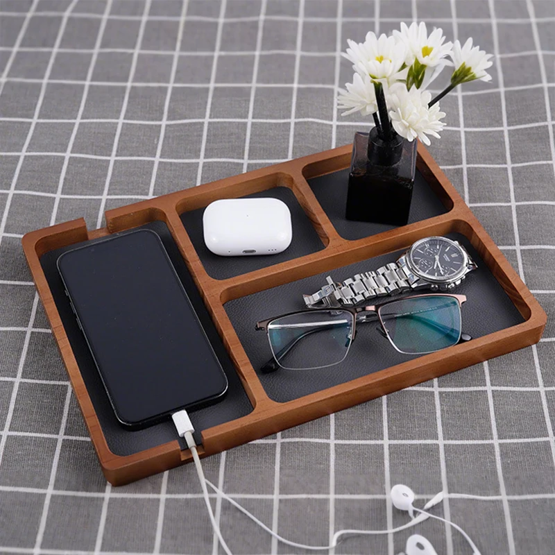 

Wooden Desktop Storage Organization Box with Compartments for Glasses Mobile Phone Earphones and Sundries Solid Wood Storage Box