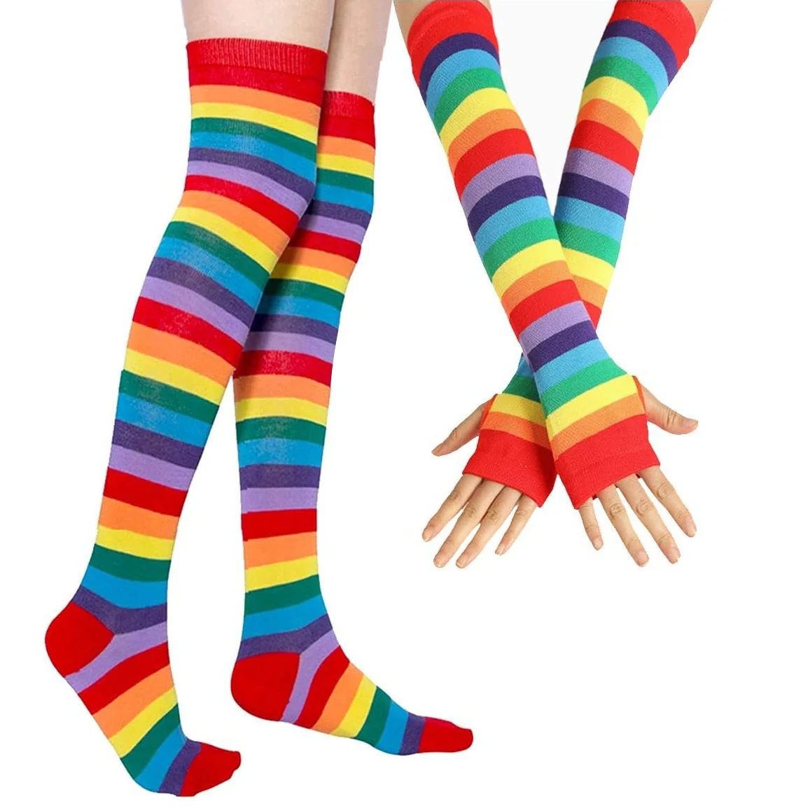 1 Set Over Knee Rainbow Thigh High Socks Gloves Set Cosplay Accessories Arm Leg Warmers for Girls