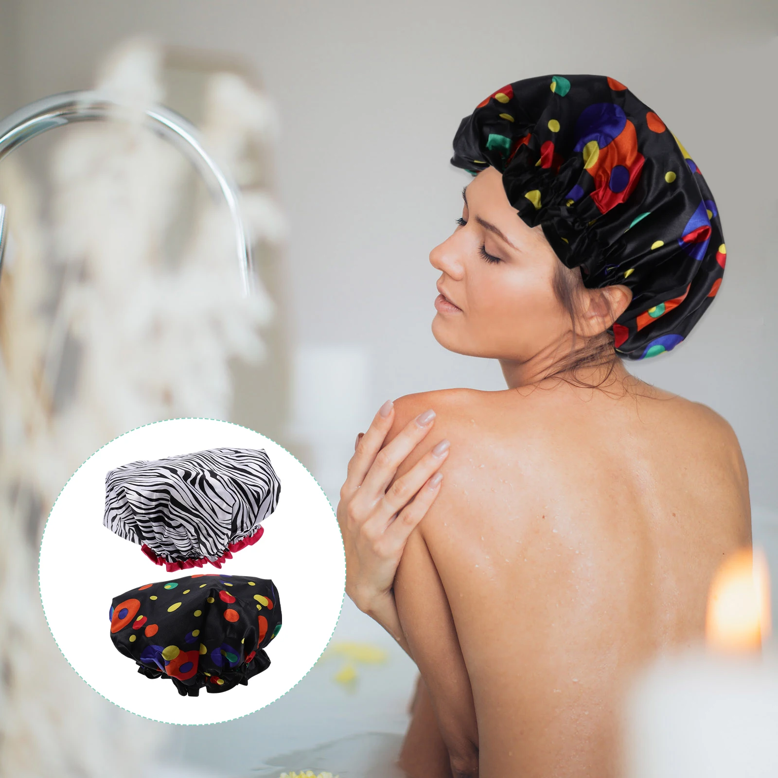 

2Pcs Satin Shower Cap Elastic DoubleLayer Lightweight Bathing Women PEVA Hat Waterproof Hair Protection FacialCare Bath