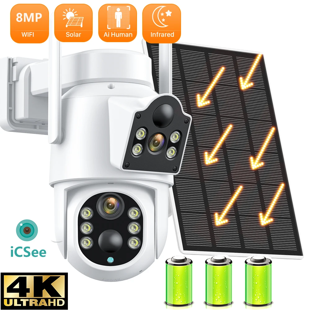 

4K 8MP ICSEE Wi-Fi Солнечная камера Открытый двойной объектив Двойной экран 5MP Обнаружение человека HD Камера видеонаблюдения 365 дней в режиме ожидания