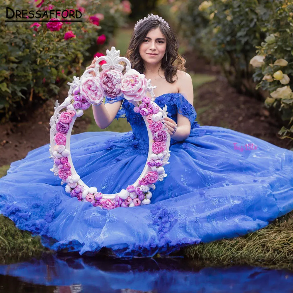 Robe de Quinceanera bleu royal, perlée, pailletée, fleurs 3D faites à la main, robe de RhSweet 16, à lacets, robes éducatives, 2023