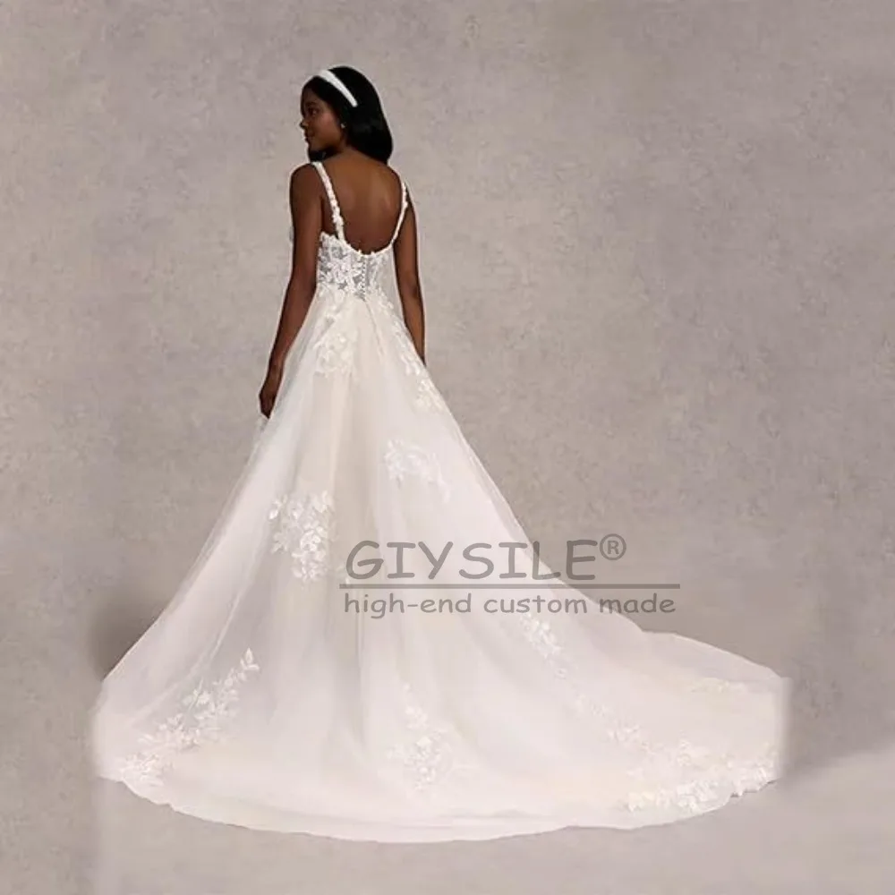 GIYSILE Customized Spaghetti Straps A Line Glitter Beach Wedding Dresses for Brides 2025 Sleeveless Boho Bride Lace Bridal Gowns