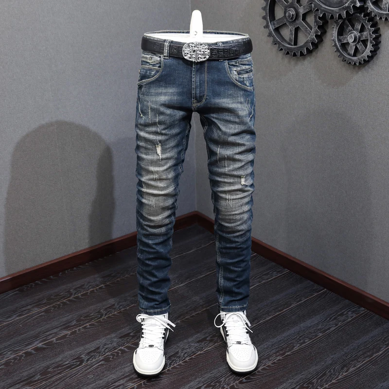 

Fashion Vintage Men Jeans High Quality Retro Black Blue Elastic Slim Ripped Jeans Men Spliced Designer Denim Biker Pants Hombre