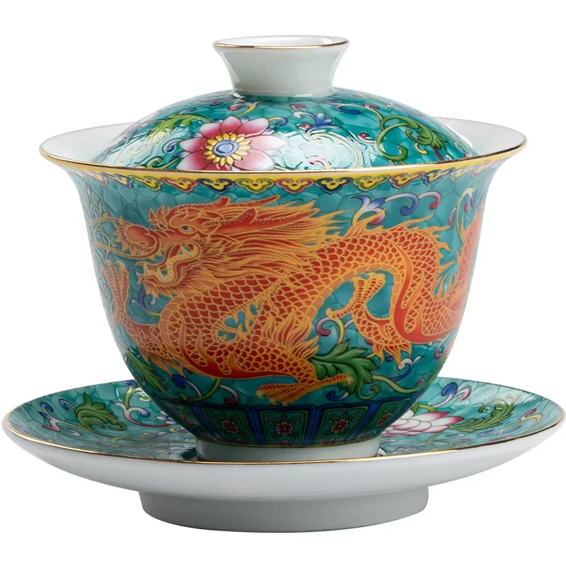 Tea Tureen Elegant Chinese Gaiwan Ceramic Dragon Hand-Painted Tea Set Color Enamel Tea Bowl with Saucer Kung Fu Tea Cup