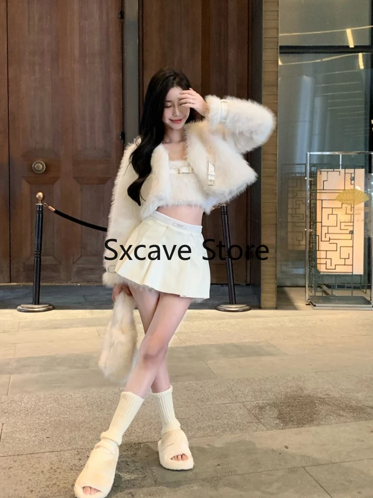 Sexy 3 Piece Skirt Set Women Casual Long Sleeve Coat + Bodycon Tube Tops + Sweet Mini Skirt Evening Party Clothing 2023 Autumn