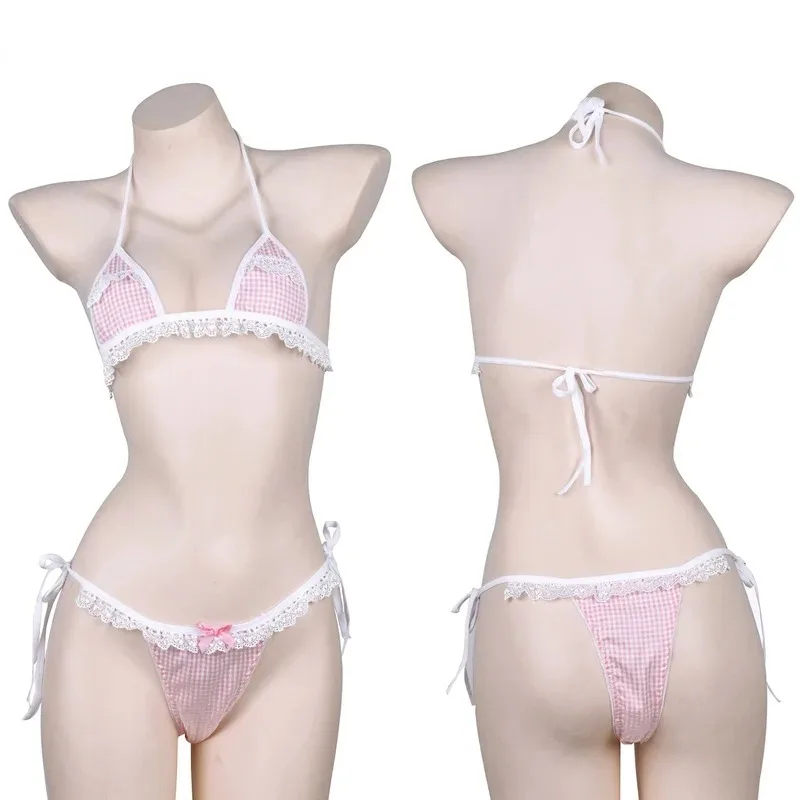 

Wholesale Lolita Girl Anime Sexy Pink Plaid Lace Bikini Bandage Pajamas Women Kawaii Private Bar Underwear Lingerie Set Gift Bag