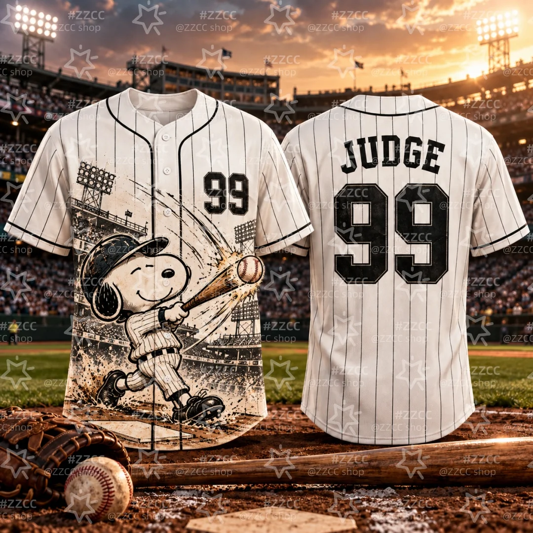 Men JUDGE #99 Baseball Jersey Snoopy Button Down Short Sleeve Shirt Cartoon Sport Fan Game Day Jersey Kids Tshirt Woman Tee ﻿ ﻿