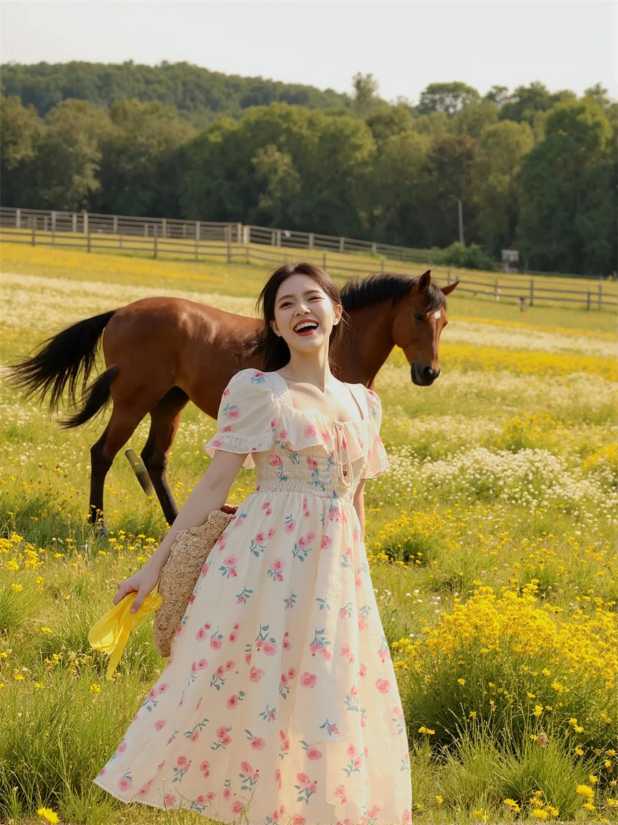 Damenkleider für Damen, Party, elegant, quadratischer Kragen, Schnürung, Volant, Rüschen, Fliege, Kordelzug, weich, Vintage, Boho, romantisch