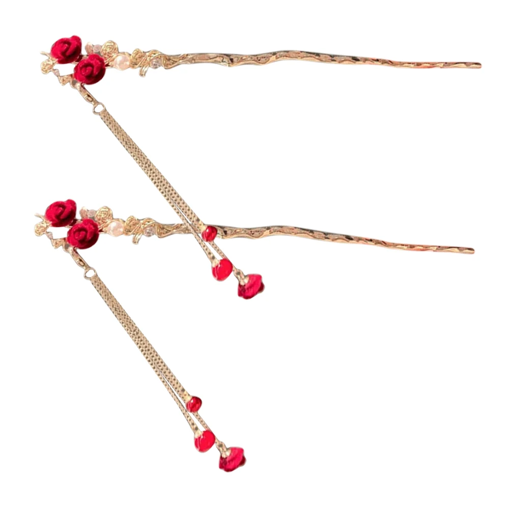

2pcs Rose Bun Accessories Women Flower Women Accessories Hair Stick Hairpins Alloy Girls Hair Sticks For Buns Red
