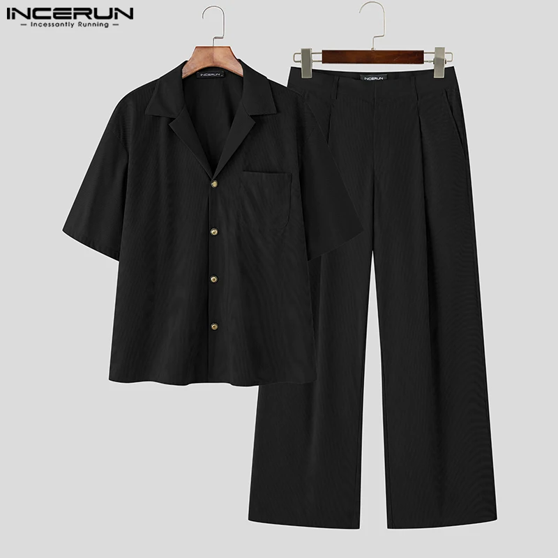 

INCERUN Men Corduroy Sets Solid Color Lapel Short Sleeve Shirt & Pants Two Pieces Sets Streetwear Loose 2025 Fashion Men's Suits