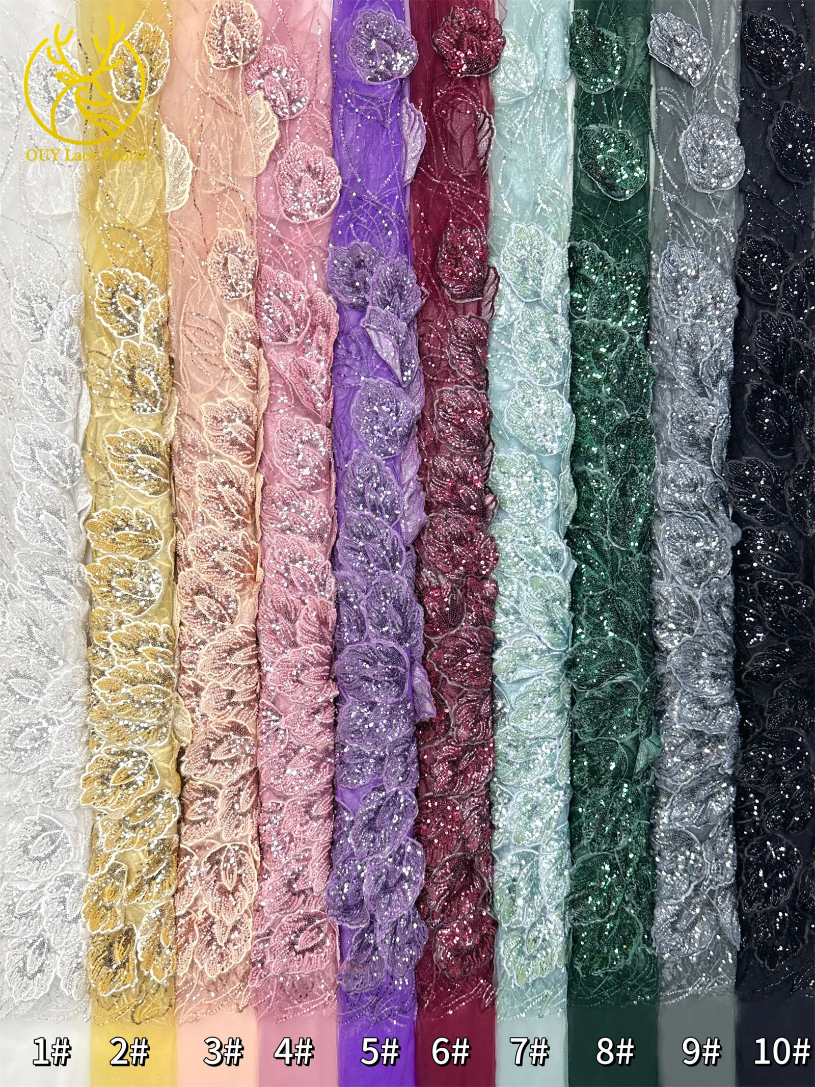 Nigerianischer 3D-Stickerei-Blatt-Spitzenstoff 5 Yards Afrikanische DIY-Stickerei Perlen-Pailletten-Spitze Tüll-Netzspitze Damen-Abendkleid – Detail 33