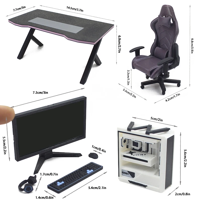 Esports Gaming Furniture Set for 1/12 Scale Dollhouse Decoration: Desk, Chair, Keyboard