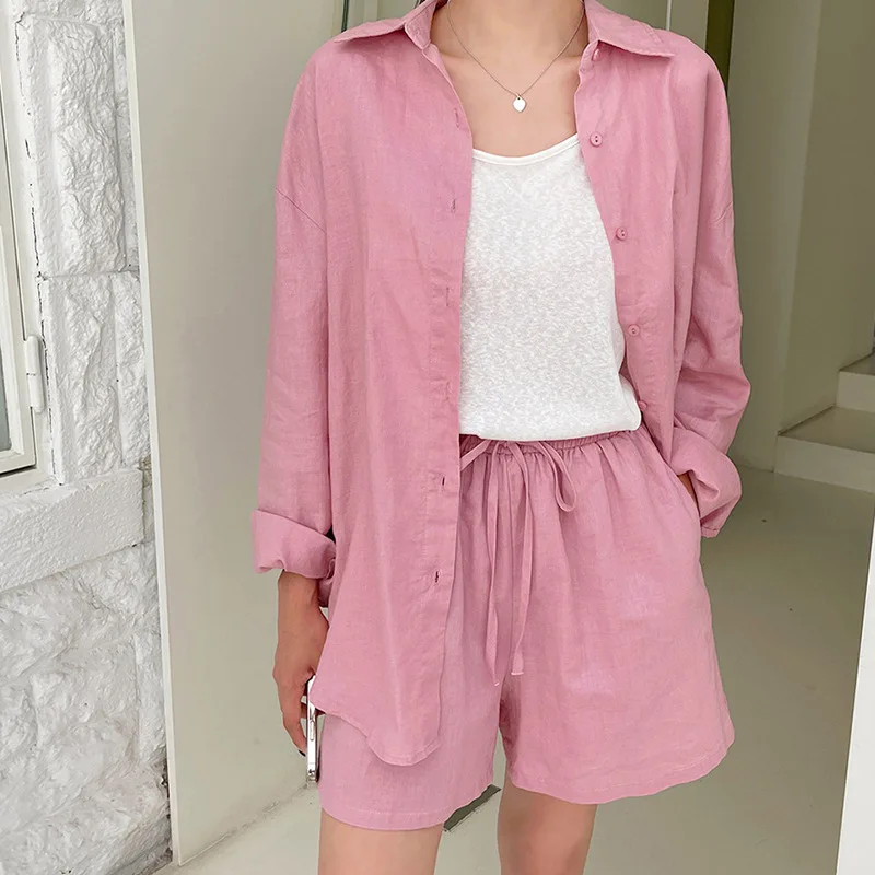 

Casual Cotton Linen Two-piece Set Women's Lapel Single-breasted Long-sleeved Shirts Elastic Drawstring Shorts Loose Outfits Suit