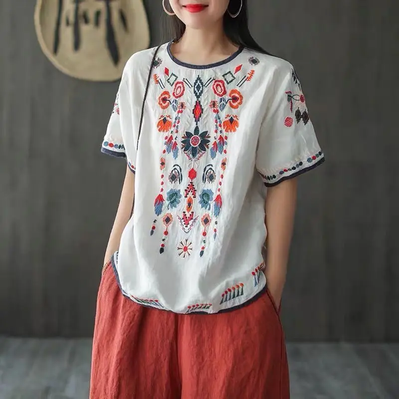 Women\'s Clothing Vintage Folk Fashion Embroidery Pullovers Commute Loose Spliced All-match O-Neck Summer Short Sleeve T-shirt