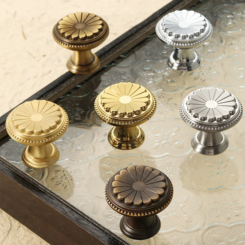 Retro Round Brass Furniture Handles Matte Brushed Silver Cabinet Pulls Door Drawer Knobs Kitchen Wardrobe Cupboard Closet Pulls