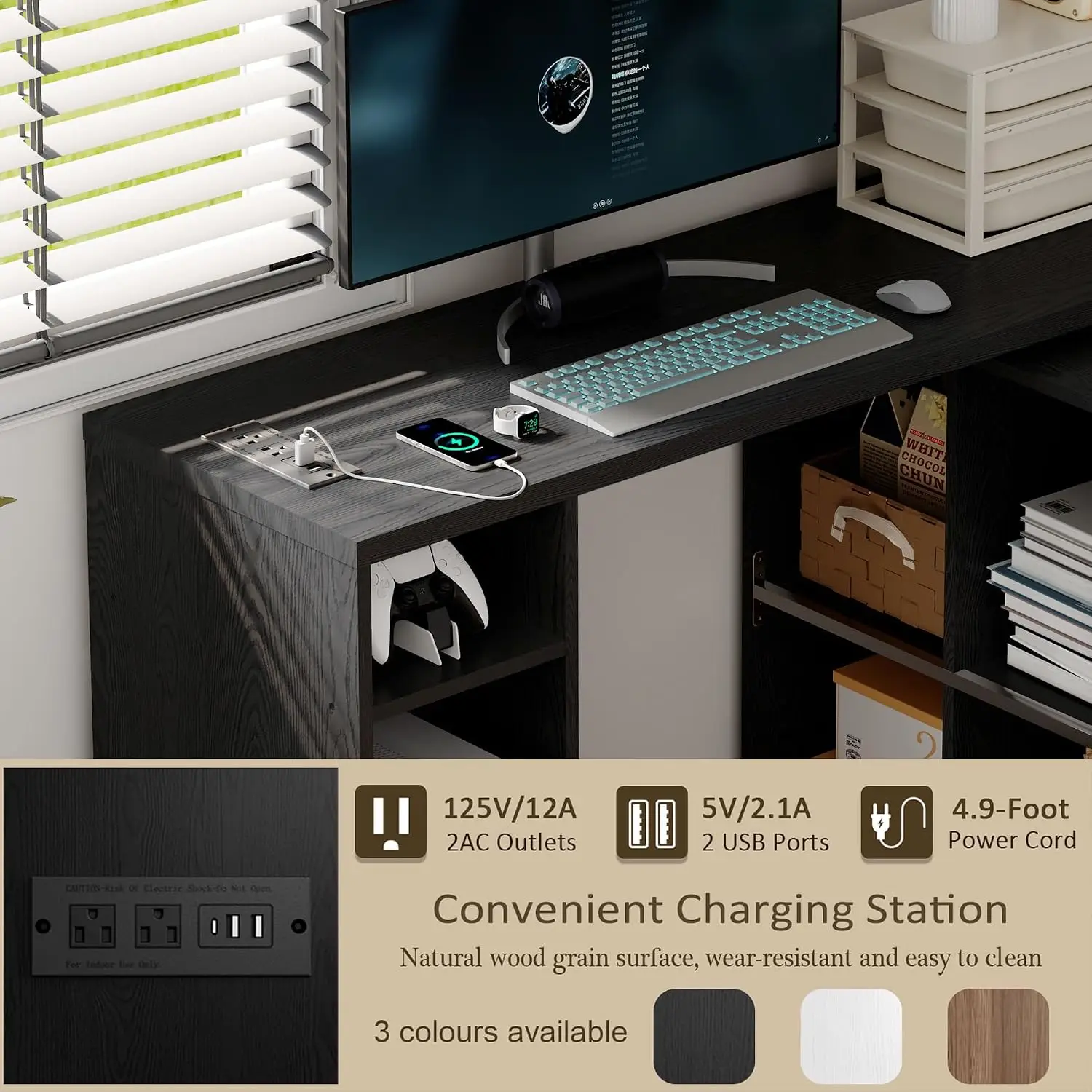 L-Shaped Computer Desk with Storage & Charging Station, 67