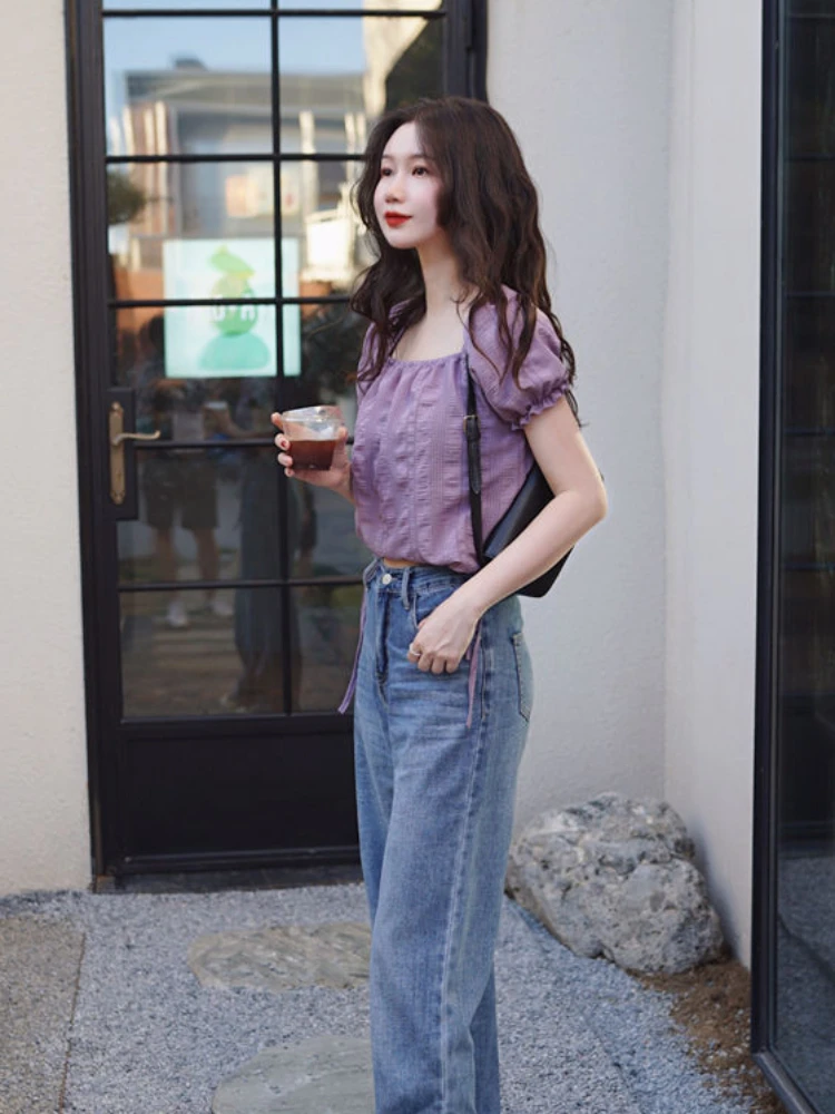 Purple Sweet Blouses Women Gentle Vintage Puff Sleeve Summer Temper Square Collar Aesthetic Lace-up Designed Crop Tops Popular