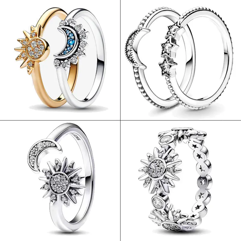 Hot Sale 2023 New 925 Silver Ring Celestial Sun & Moon Ring Set S925 Ring DIY Original Band Ring For Women Gift Fine Jewelry