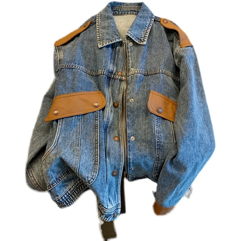 

Blue Vintage Patchwork Denim Jacket Women Chicly Fashion Korean Loose Female Jackets Harajuku Zipper Casual Denim Coats