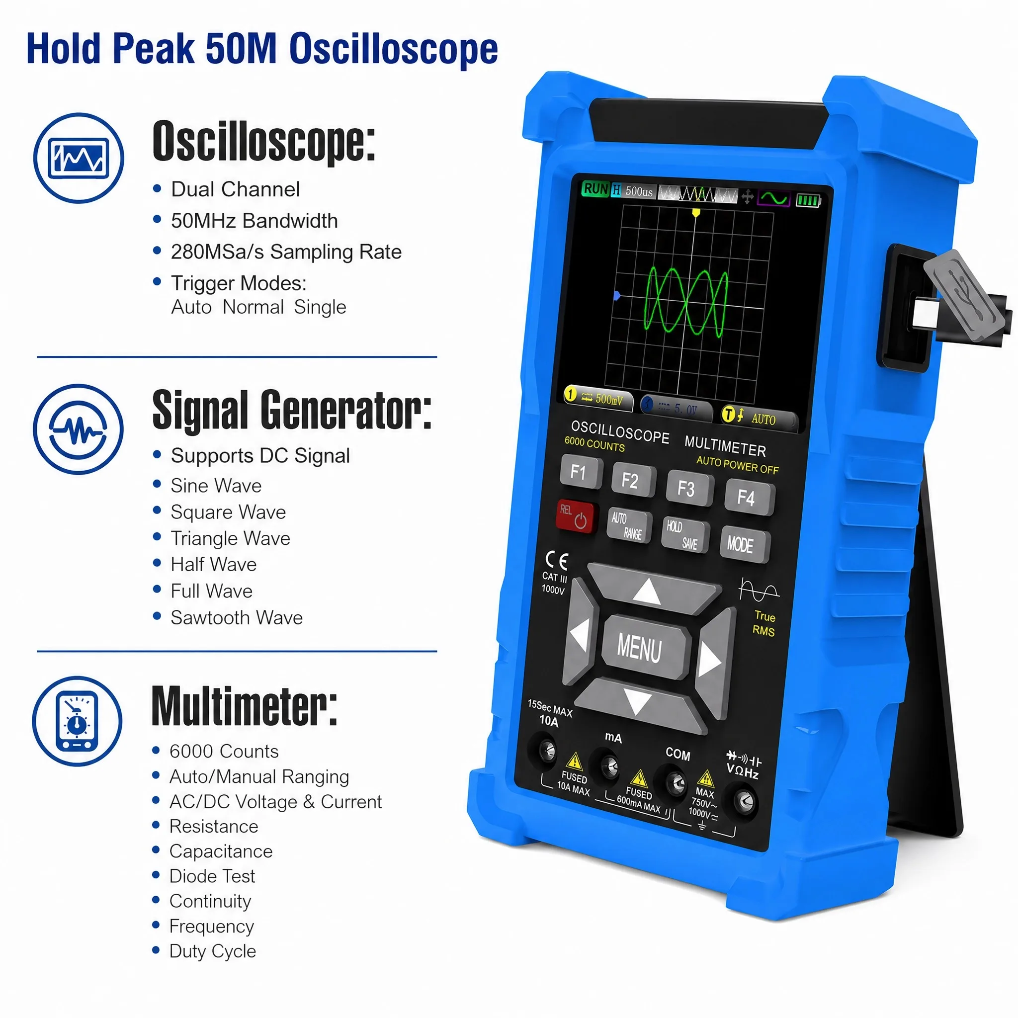 3-in-1 Professional Handheld Oscilloscope Multimeter DDS Signal Generator 50MHz Dual Channel 280MSa/s Sampling 6000 Counts