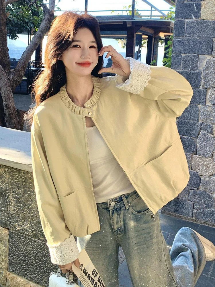 Sweet Yellow Jacket Women Lace Patchwork Loose Long Sleeve Fashion Preppy Style Coat Fall Winter Chic O Neck Female Outwear Tops
