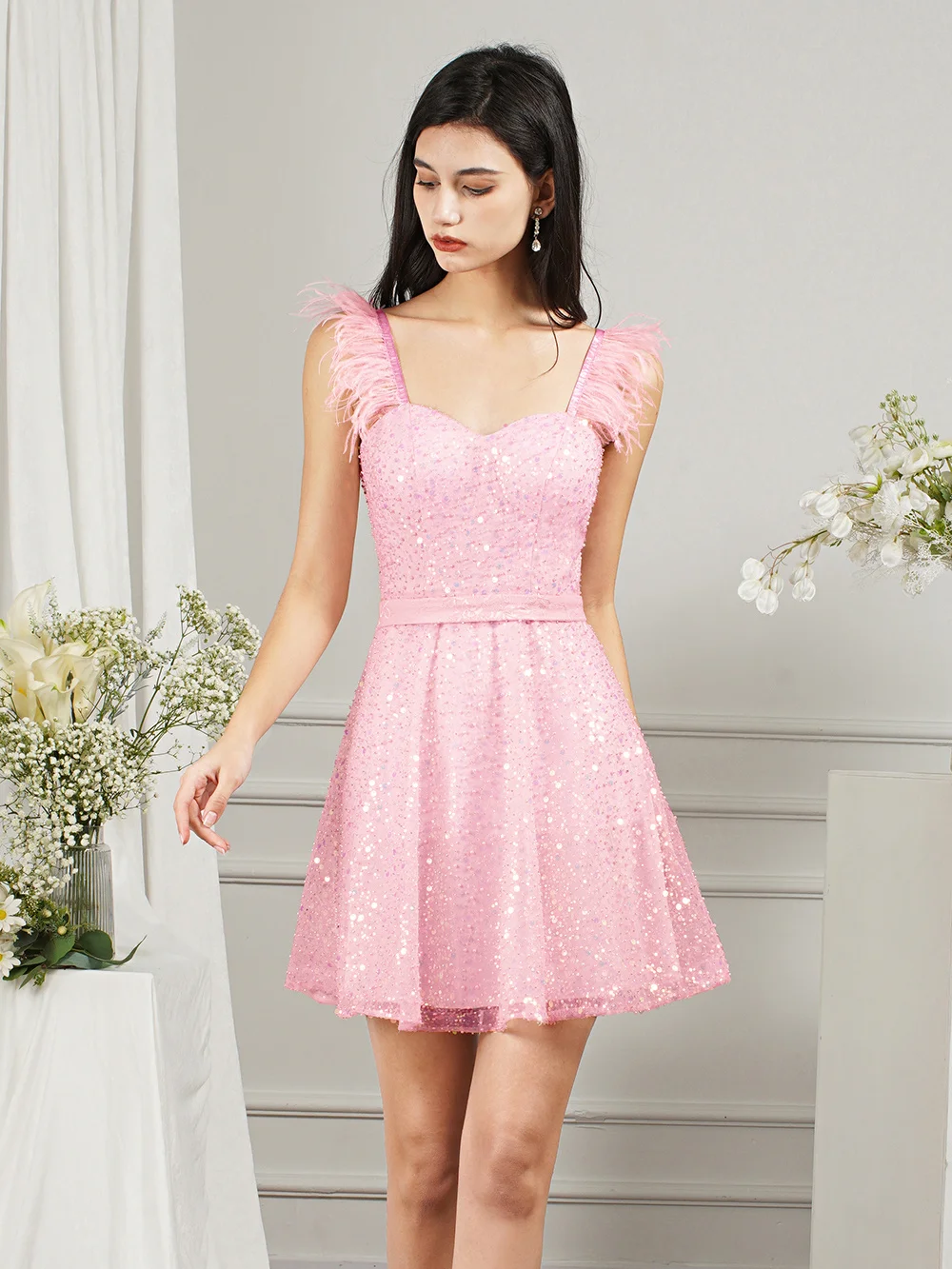 MisShow Luxury Beads Sequins Feathers Straps Short Summer Dresses for Women Pink Sweetheart Neck Mini Female Party Dress