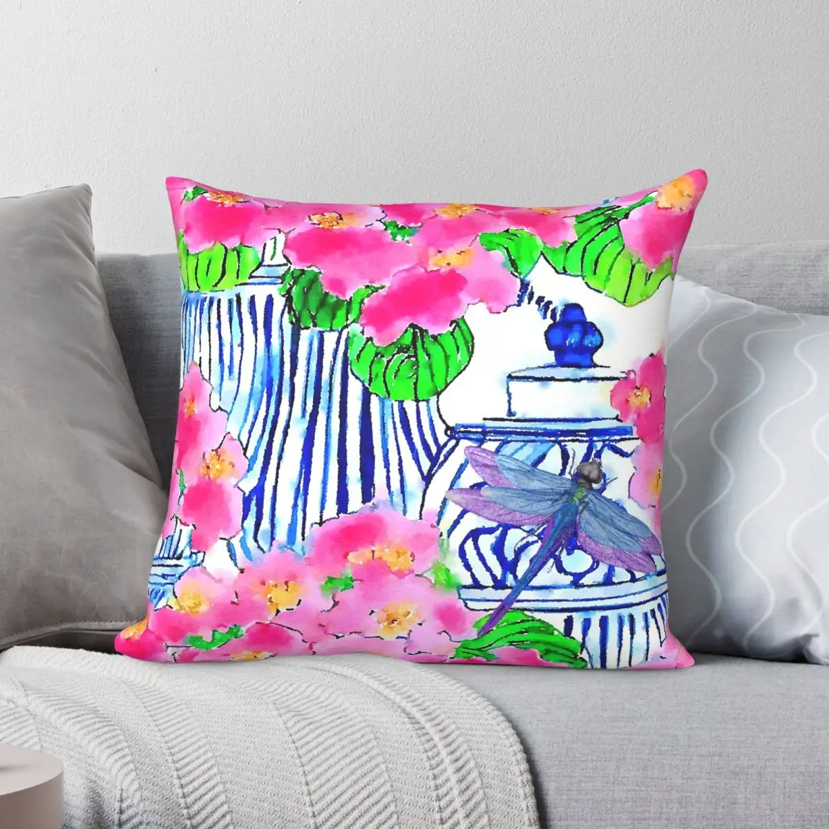 Dragonfly Chinoiserie Jars Pink Pansy Square Pillowcase Polyester Linen Velvet Creative Zip Decor Sofa Seater Cushion Cover