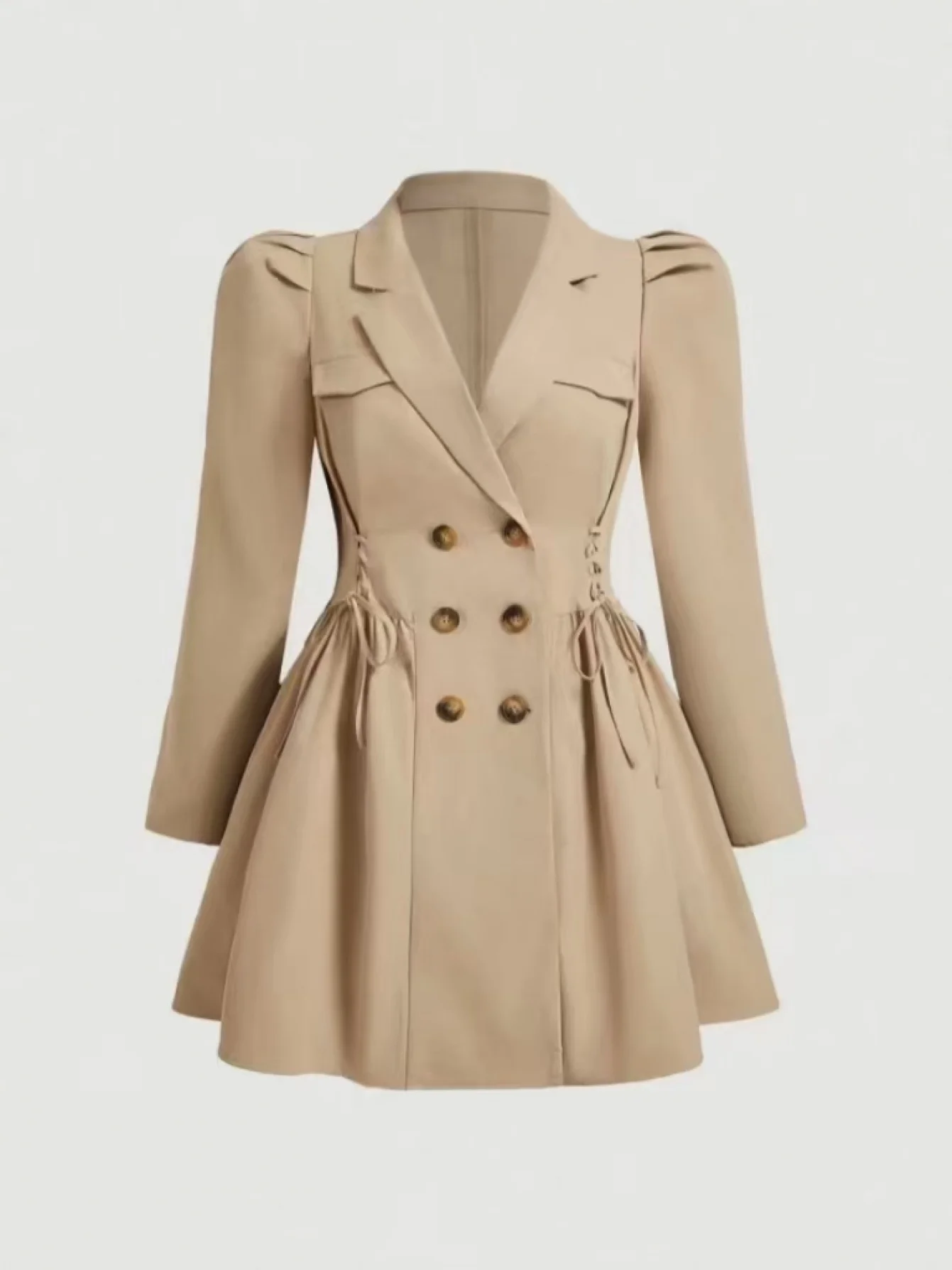 

Модная и элегантная женская ветровка большого размера цвета хаки с привязанной талией и пышными рукавами из Европы и Америки.