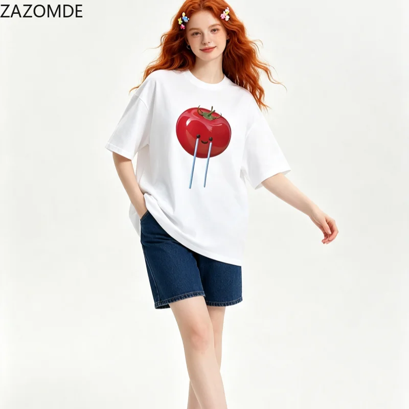 ZAZOMDE Harajuku Crying Tomato Graphic T-Shirt Men Retro Futuristic Funny Vegetable Print Cotton Short Sleeve Casual Street  Top