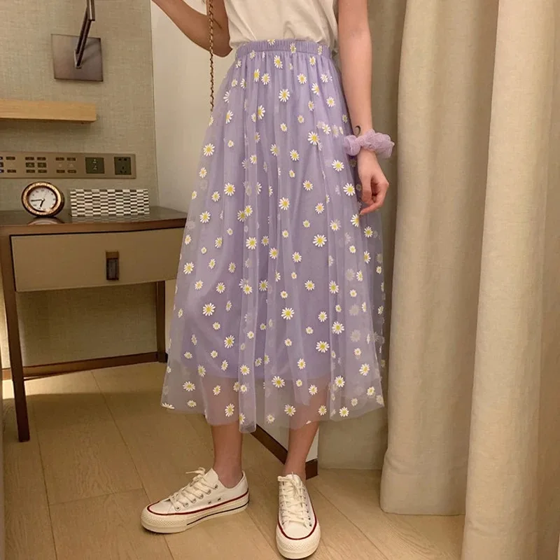 Korean Style Summer 2024 Daisy Print Purple Skirt Female Long High-Waisted A- Line Skirt Elastic Street Wear