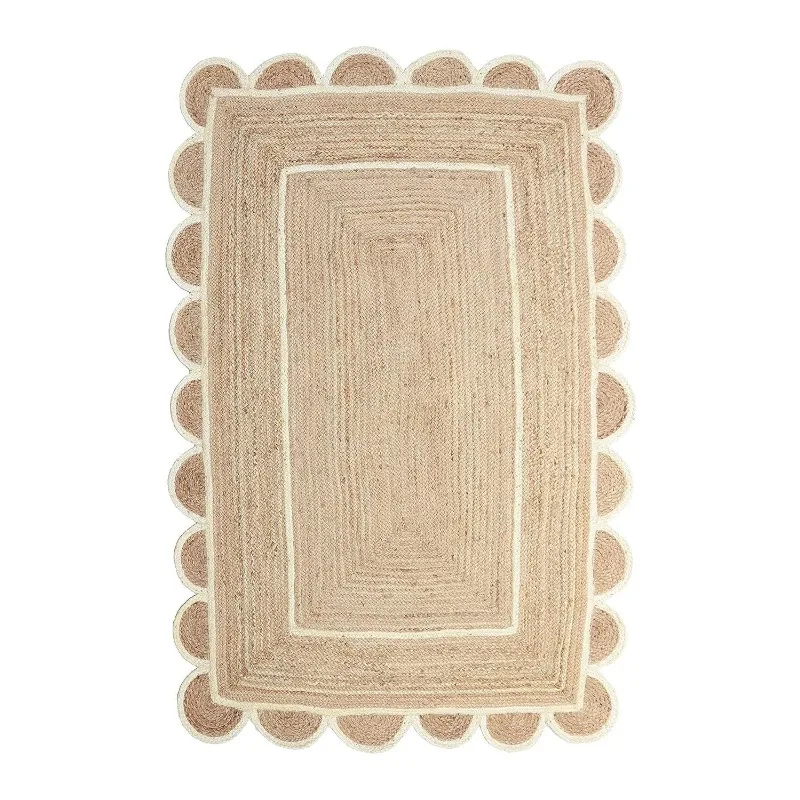 Jute Rug Natural Braided Style Scalloped Edge White Trim Rectangle Area Jute Rug