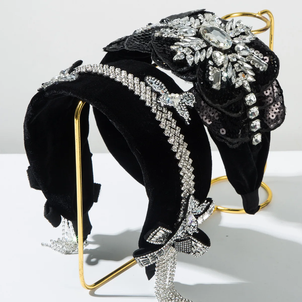 

Wide-edged flannel autumn and winter headband gorgeous glass diamond sequined flower bow light luxury high-end celebrity hair ac