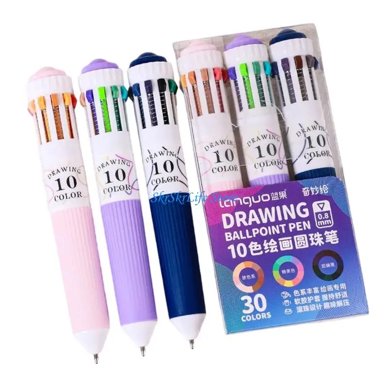 E65E 3Pcs Multicoloured 10 in 1 Ballpoint Pen Set with Retractable Designs For Students, Teachers and Professional Writing