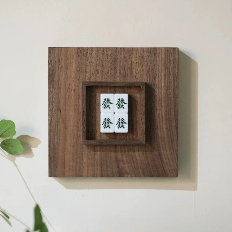 Mid‑Century Walnut Wood Mahjong Themed Wall Art Retro Fortune Decor Painting Dual‑Use Tabletop Display & Hanging Mural for Home