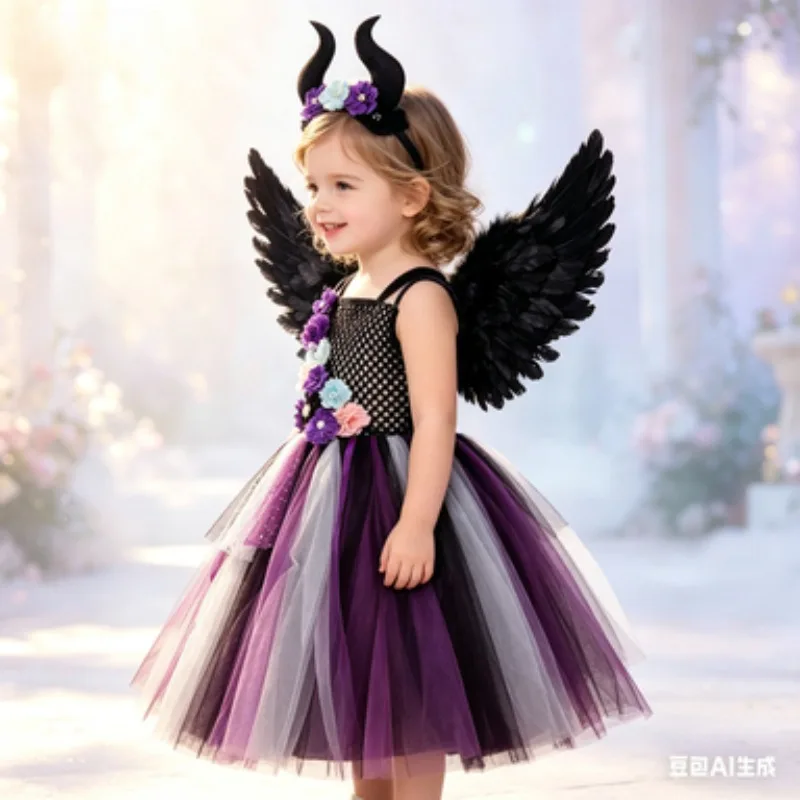 Girls'Witch-style Tulle Dress,Dark Fairy Themed Kids'Performance Costume,Puff Skirt Outfit for Halloween Carnival Party Dress-Up